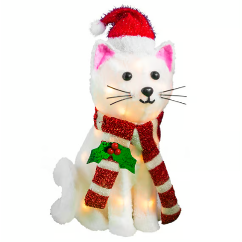 Festive cat decoration wearing a Santa hat and red striped scarf with holly, illuminated by internal lights.