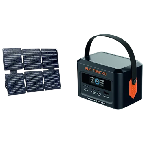 A portable solar panel system with six small panels is shown alongside a compact power station labeled \“WATTBRICKS,\“ equipped with a handle and digital display.