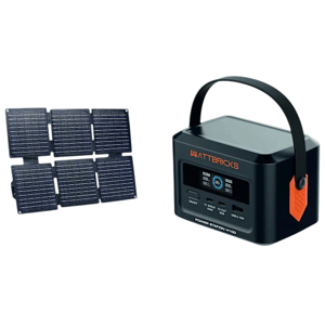 A portable solar panel system with six small panels is shown alongside a compact power station labeled \“WATTBRICKS,\“ equipped with a handle and digital display.