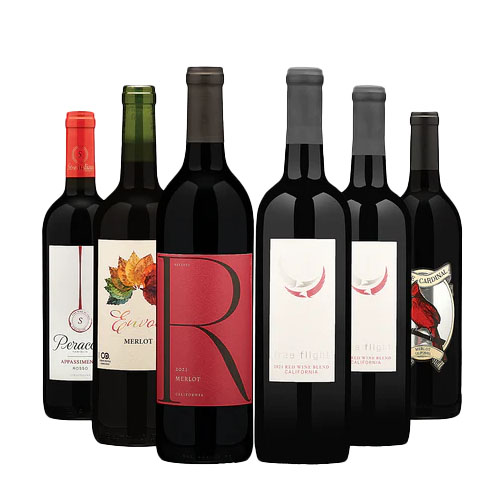 A selection of six wine bottles, featuring various red blends and labels.