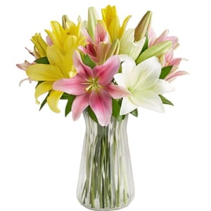 A vibrant bouquet featuring lilies in shades of pink, yellow, and white, arranged in a clear glass vase.