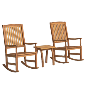 A 3-piece solid wood rocking chair set includes two slatted rocking chairs and a small matching side table, all crafted from light-colored wood for outdoor use.
