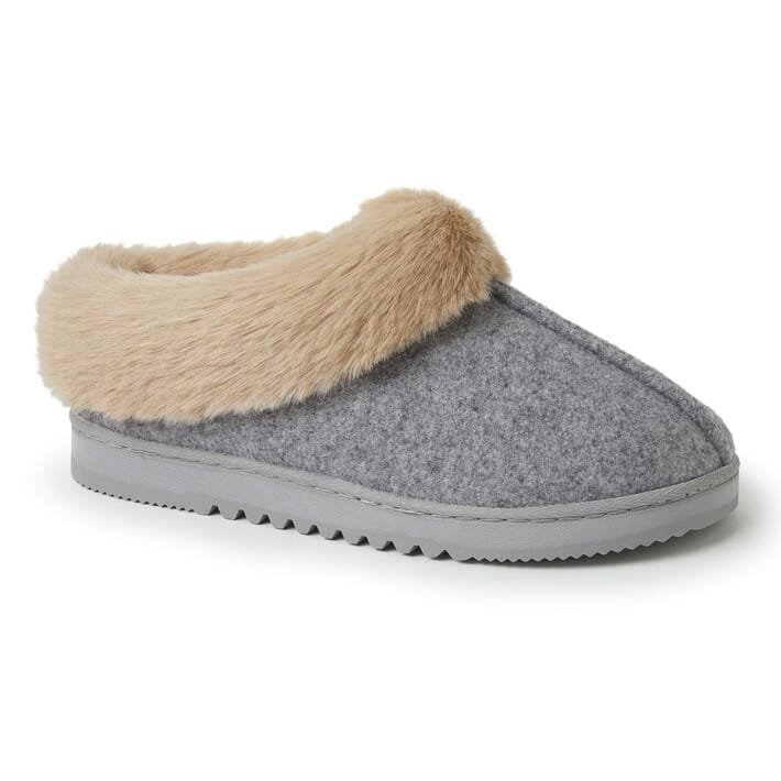 Gray knit clog slippers with tan faux fur lining and a textured rubber sole for grip.
