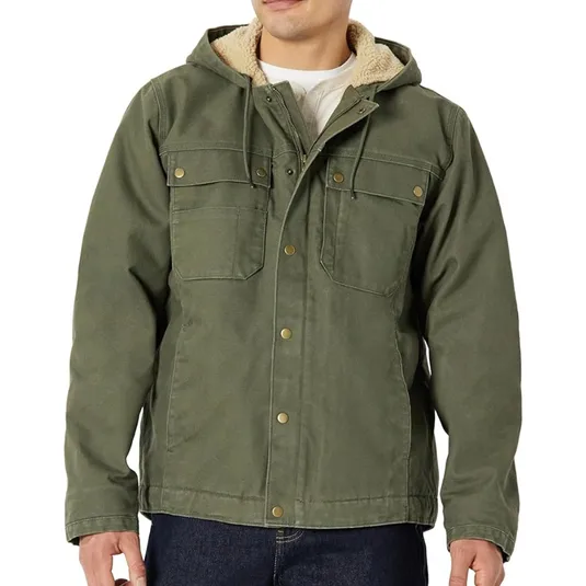 Olive green hooded jacket with a sherpa-lined interior, featuring button closures, chest pockets, and adjusted cuff details.