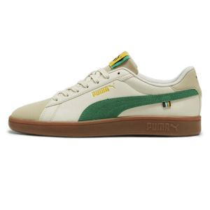 A Puma-branded sneaker with a green side stripe and gum sole.