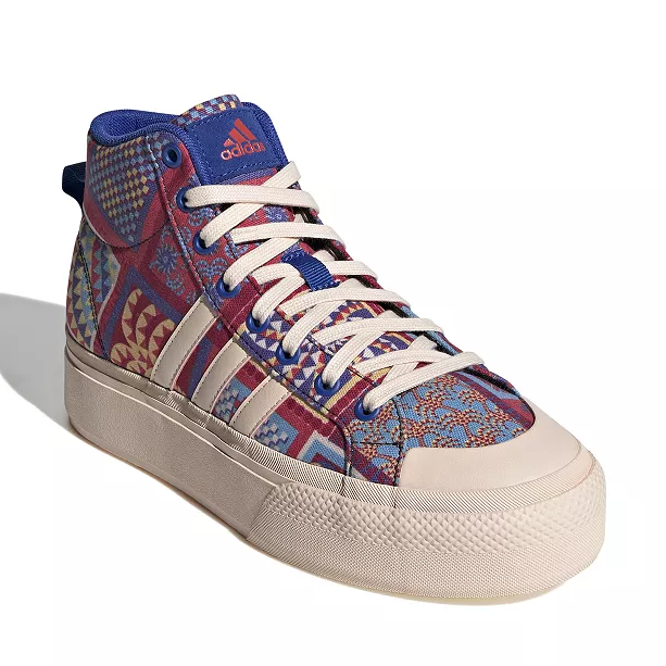 A colorful high-top Adidas sneaker with patterned design and white laces.