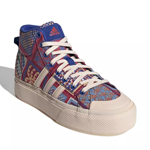 A colorful high-top Adidas sneaker with patterned design and white laces.