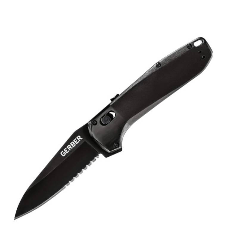 Gerber AO Serrated Folding Knife features a black, partially serrated blade with a black handle, designed for efficient cutting tasks.