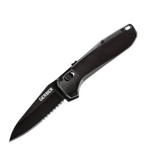 Gerber AO Serrated Folding Knife features a black, partially serrated blade with a black handle, designed for efficient cutting tasks.