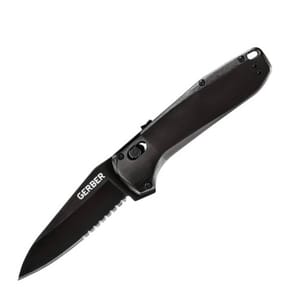 Gerber AO Serrated Folding Knife features a black, partially serrated blade with a black handle, designed for efficient cutting tasks.