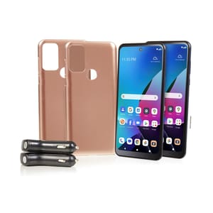 Two smartphones with visible app icons, accompanied by two rose gold phone cases and two black car chargers.