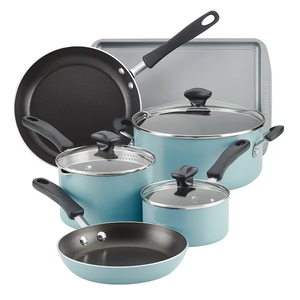 A set of turquoise cookware, including two pans, two pots with glass lids, and a baking sheet.