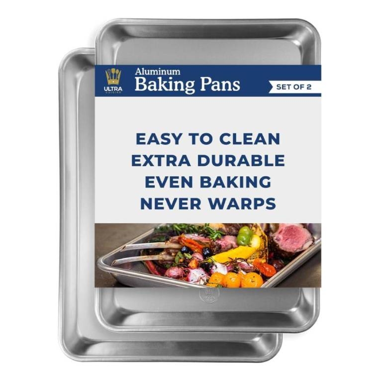 Two aluminum baking pans with features including easy to clean, extra durable, even baking, and never warps, presented in a set. A photo on the packaging shows food being roasted in a similar pan.