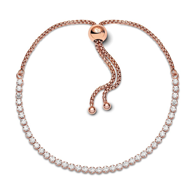 A rose gold adjustable bracelet featuring a string of sparkling white gemstones. The bracelet has a sliding clasp for size customization.