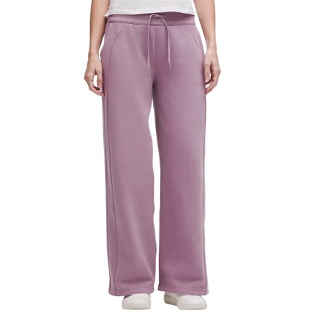 A pair of lavender-colored, wide-leg drawstring sweatpants with side pockets.