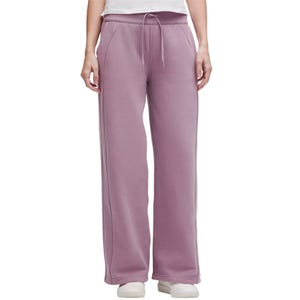 A pair of lavender-colored, wide-leg drawstring sweatpants with side pockets.