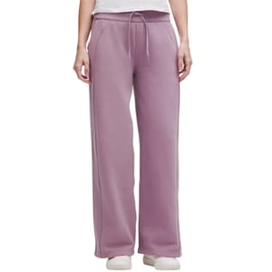 A pair of lavender-colored, wide-leg drawstring sweatpants with side pockets.