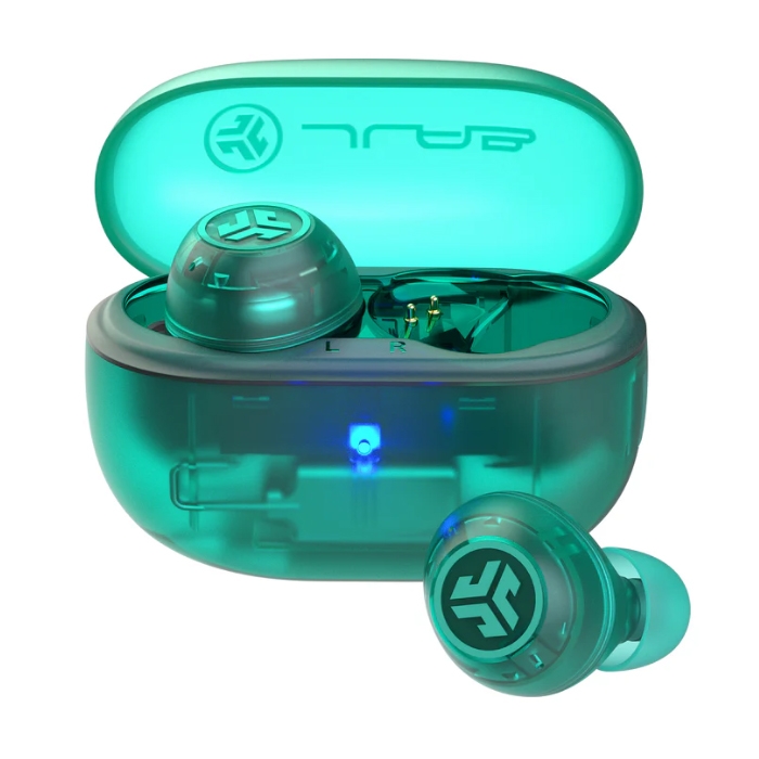 Teal JLab ANC earbuds with a transparent charging case, featuring the JLab logo on both earbuds and case. The case includes a blue indicator light and an \“L\“ and \“R\“ marking for left and right earbuds.