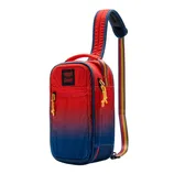 A red and blue gradient sling bag with a single strap featuring \“Stranger Things\“ and \“Coleman\“ branding, yellow zipper pulls, and a multicolored strap.