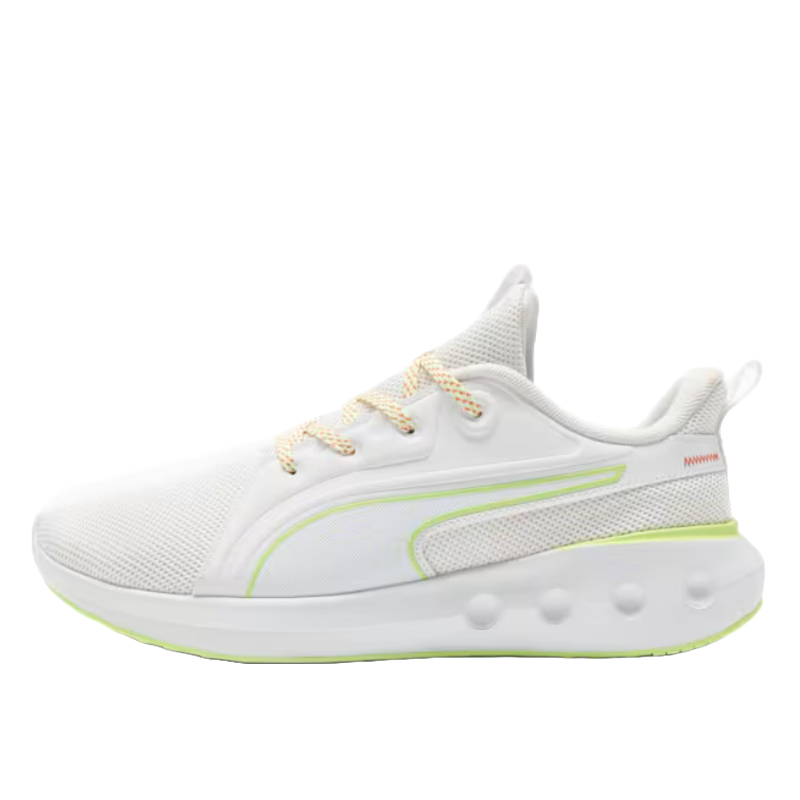 White athletic shoe with mesh upper, yellow accents, and lace-up closure; features a bold side stripe and cushioned sole with embossed detailing.