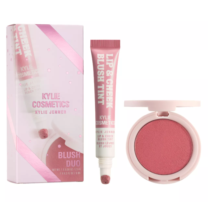 Kylie Cosmetics Lip & Cheek Blush Tint and pressed blush duo in pink packaging.