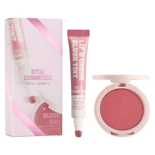 Kylie Cosmetics Lip & Cheek Blush Tint and pressed blush duo in pink packaging.