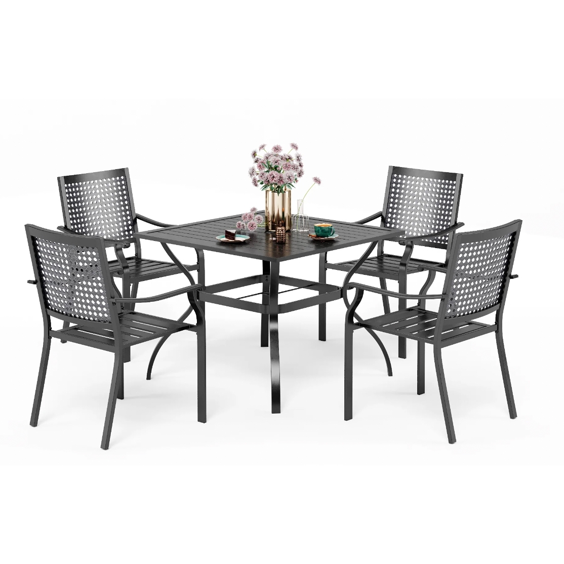 A set of four steel patio chairs with a matching square table, all in a sleek dark color, arranged with a floral centerpiece and tableware.