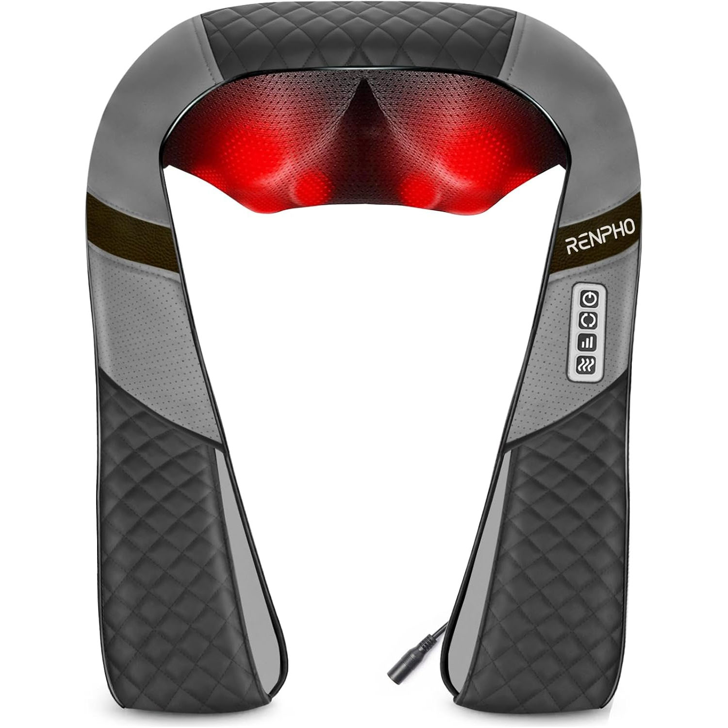 Renpho Shiatsu neck and shoulder massager features deep-tissue massage nodes with heat function, quilted exterior, ergonomic design, and control buttons on the side for adjustable intensity and heat settings.