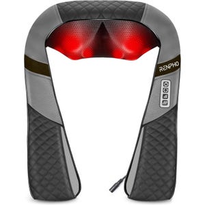 Renpho Shiatsu neck and shoulder massager features deep-tissue massage nodes with heat function, quilted exterior, ergonomic design, and control buttons on the side for adjustable intensity and heat settings.