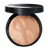 A compact of marbleized powder makeup with a mix of beige and peach tones, encased in a black container with a partially open lid.