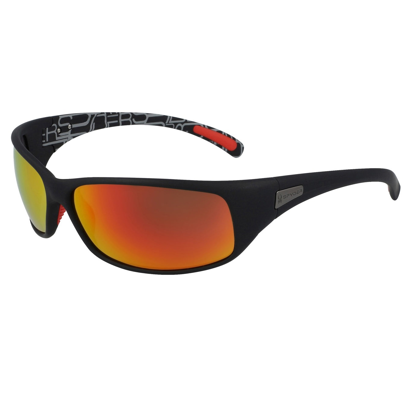 Black sunglasses with a sleek design and orange mirrored lenses, featuring a logo on the side and a patterned inner frame.