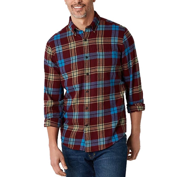 A men's classic flannel shirt with a burgundy, blue, and beige plaid pattern, featuring a button-down front and long sleeves. The fabric appears soft and suitable for casual or outdoor wear.