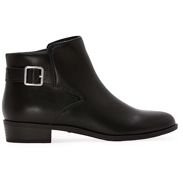 Black ankle booties with a low block heel, featuring a silver buckle detail and designed with memory foam for added comfort. Made from smooth leather, they have a sleek and minimalist style.