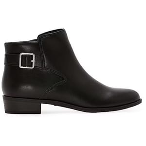 Black ankle booties with a low block heel, featuring a silver buckle detail and designed with memory foam for added comfort. Made from smooth leather, they have a sleek and minimalist style.