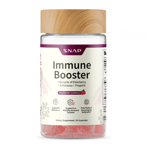 SNAP Immune Booster Raspberry Gummies contain extracts of elderberry, echinacea, and propolis. They support recovery, a healthy immune system, and provide free radical scavenging nutrients. Includes 60 gummies.
