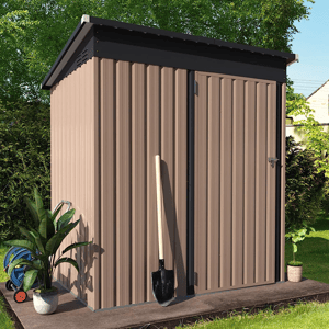 A brown metal shed with a flat black roof, alongside a shovel, a potted plant, and a hose reel.