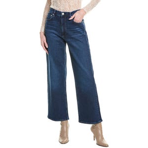 Rag & Bone Branson Jeans are high-waisted, wide-leg jeans in a dark denim wash, featuring a classic five-pocket design. They're paired with nude high-heeled boots.