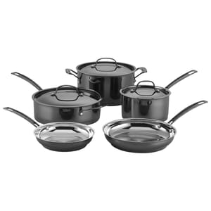 8-piece black Cuisinart cookware set includes two saucepans with lids, a sauté pan with lid, a stockpot with lid, and two frying pans, featuring a sleek design with stainless steel interior surfaces.