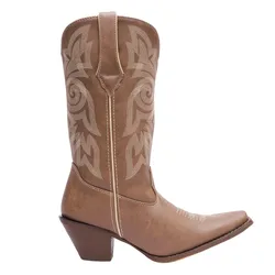Brown cowboy boot with intricate stitching design, featuring a pointed toe and a chunky wooden heel.