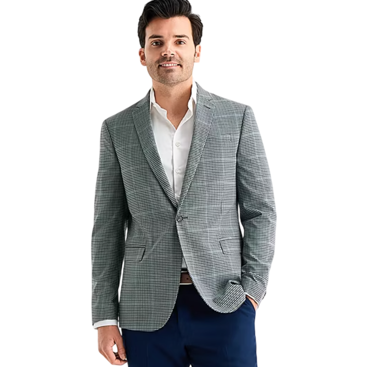 A man is wearing a checkered blazer paired with a white dress shirt and navy trousers.