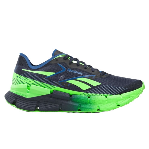A navy and neon green athletic shoe featuring a dynamic design with a cushioned sole, designed for running or sports activities.