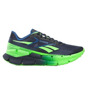 A navy and neon green athletic shoe featuring a dynamic design with a cushioned sole, designed for running or sports activities.