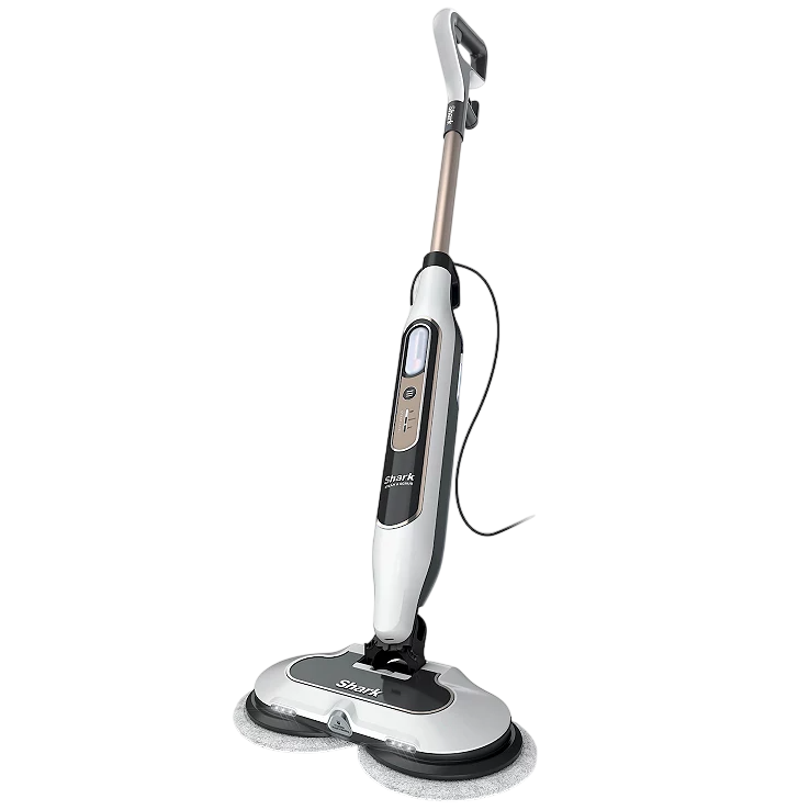 A Shark steam mop with dual spinning pads and an ergonomic handle, designed for efficient cleaning on hard floors.