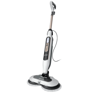 A Shark steam mop with dual spinning pads and an ergonomic handle, designed for efficient cleaning on hard floors.