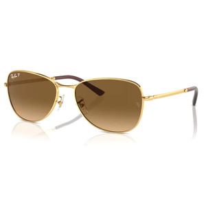 Gold-framed sunglasses with brown polarized lenses and thin metal arms, featuring the Ray-Ban logo in the top corner of the lens.