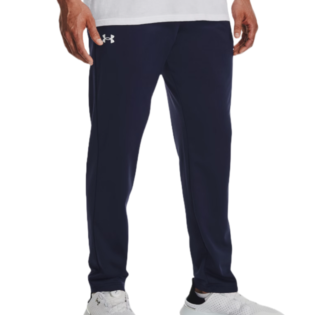 Navy blue Under Armour track pants with a white logo, featuring an elastic waistband and a straight-leg fit, complemented by white athletic shoes.