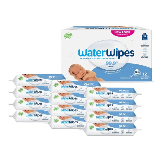A multipack of WaterWipes baby wipes, with each pack showing the claim of 99.9% water and a box displaying a sleeping infant.