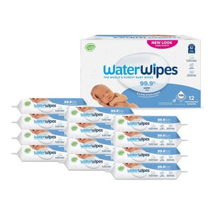 A multipack of WaterWipes baby wipes, with each pack showing the claim of 99.9% water and a box displaying a sleeping infant.