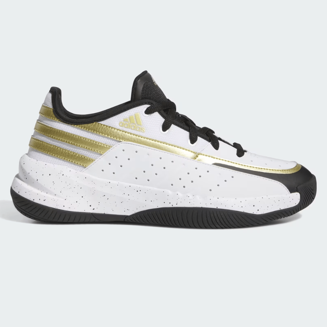 A pair of Adidas basketball shoes with a white base, black detailing, and gold stripes.