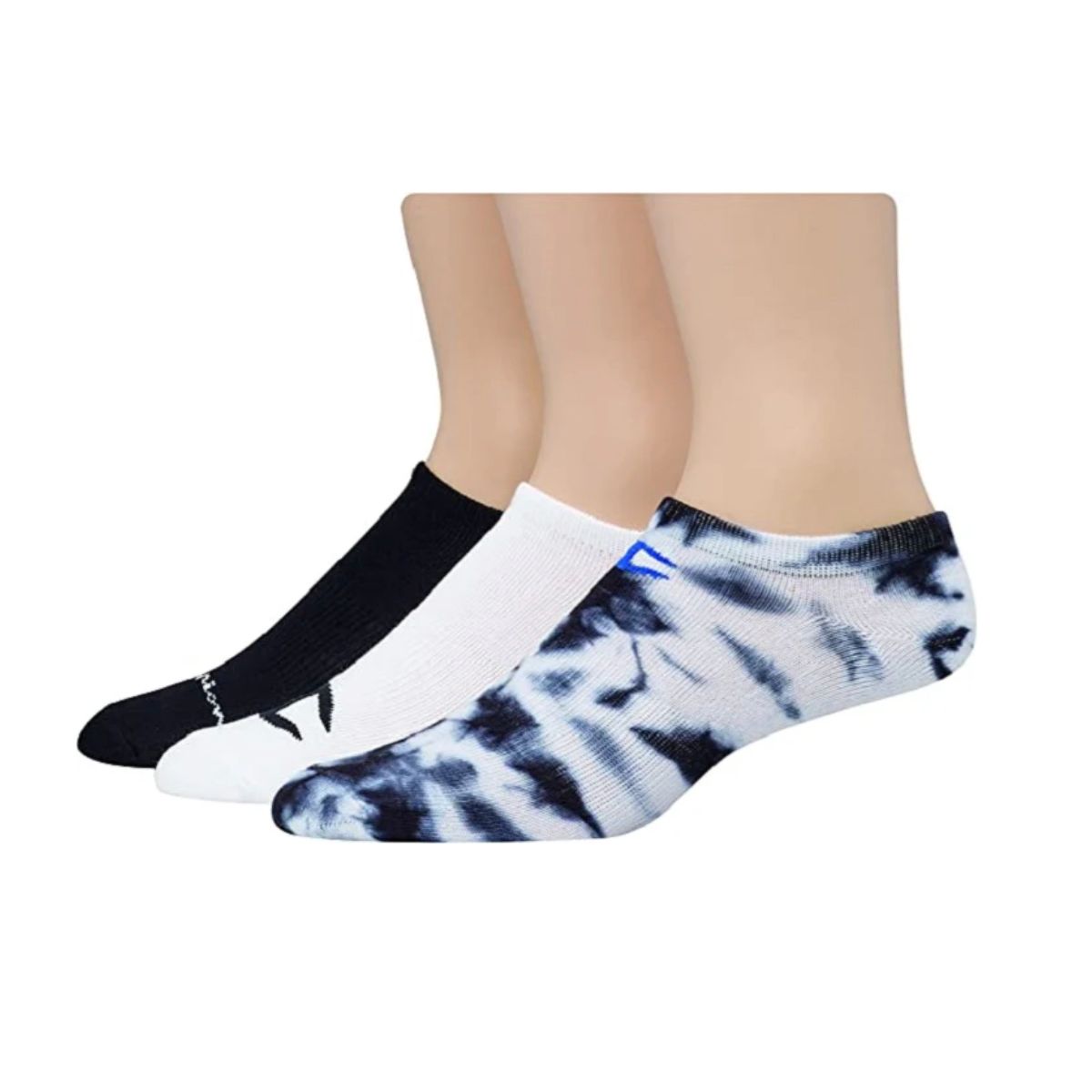 Three pairs of ankle socks in black, white, and a blue and white tie-dye pattern.